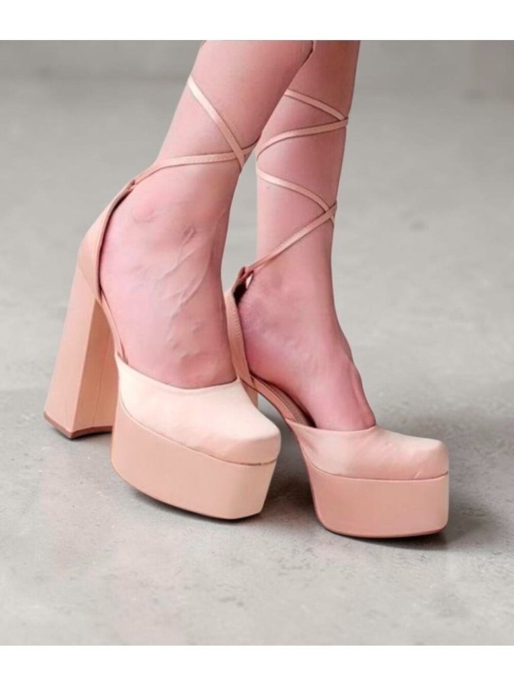 Satin Block Heel Platform Pumps With Wrap-Around Ankle Strap Champagne Color - Picture 3 of 8